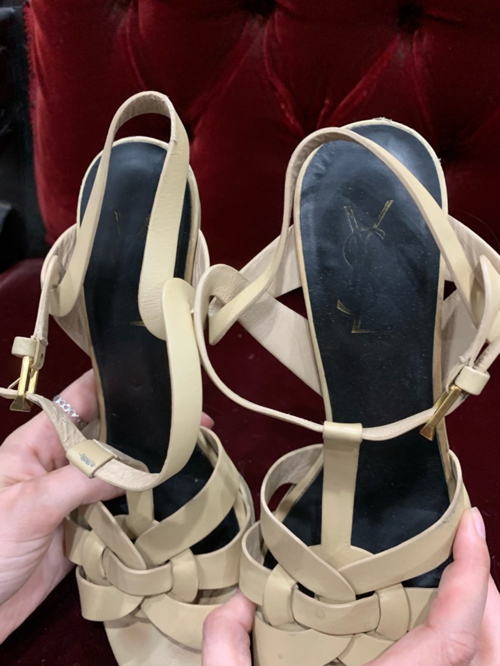 Saint Laurent Beige Leather Knotted T-Strap Heels - Picture 2 of 7